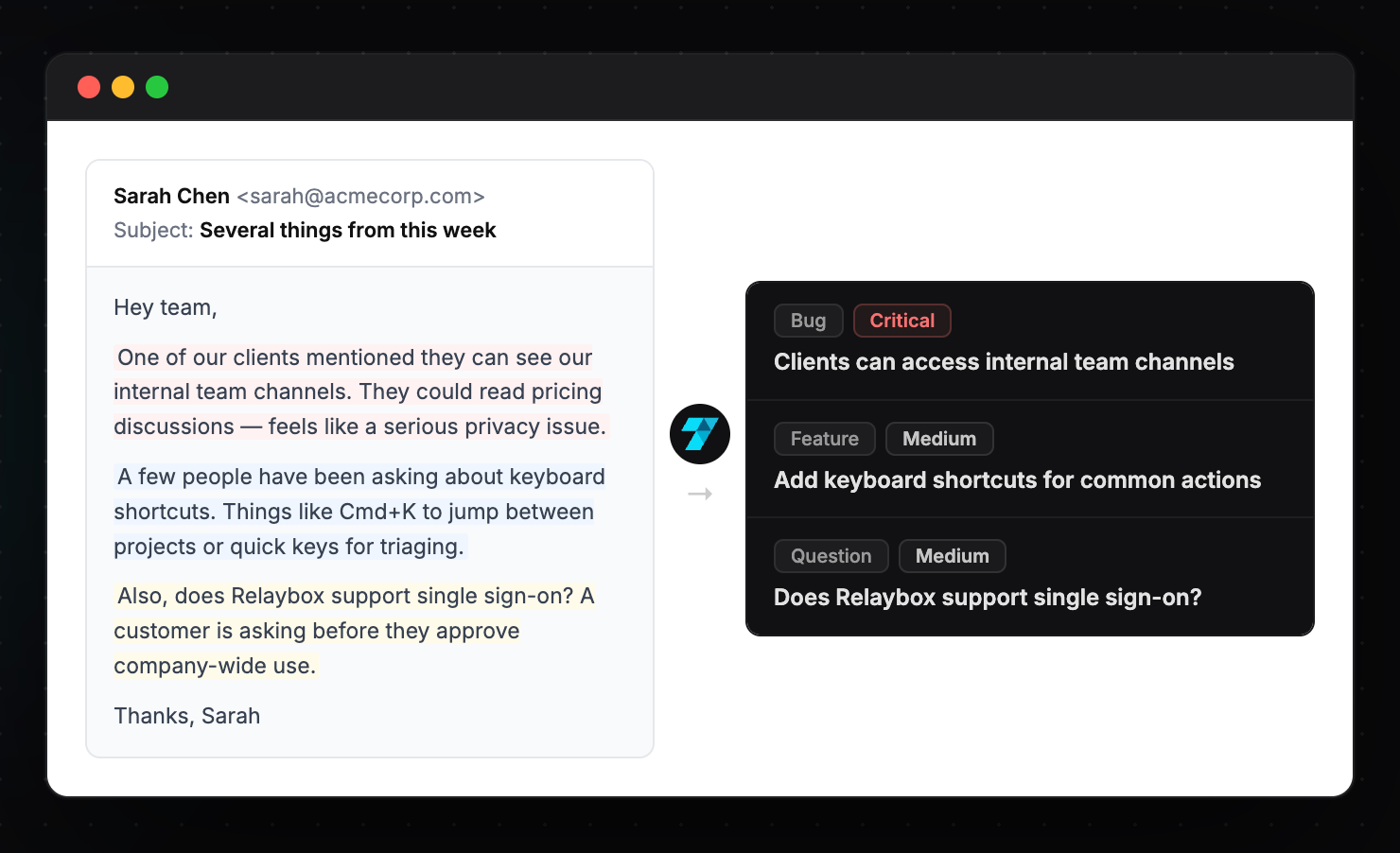 One email split into three classified feedback items — a critical bug, a feature request, and a question